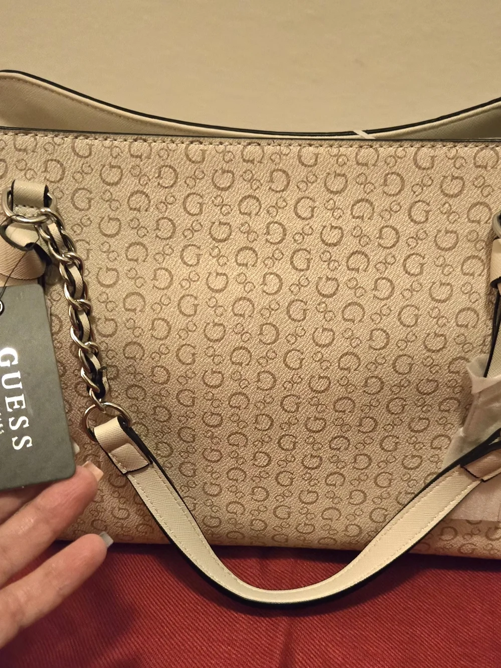 Guess Cream Logo Convertible Satchel with Chain-Strap
